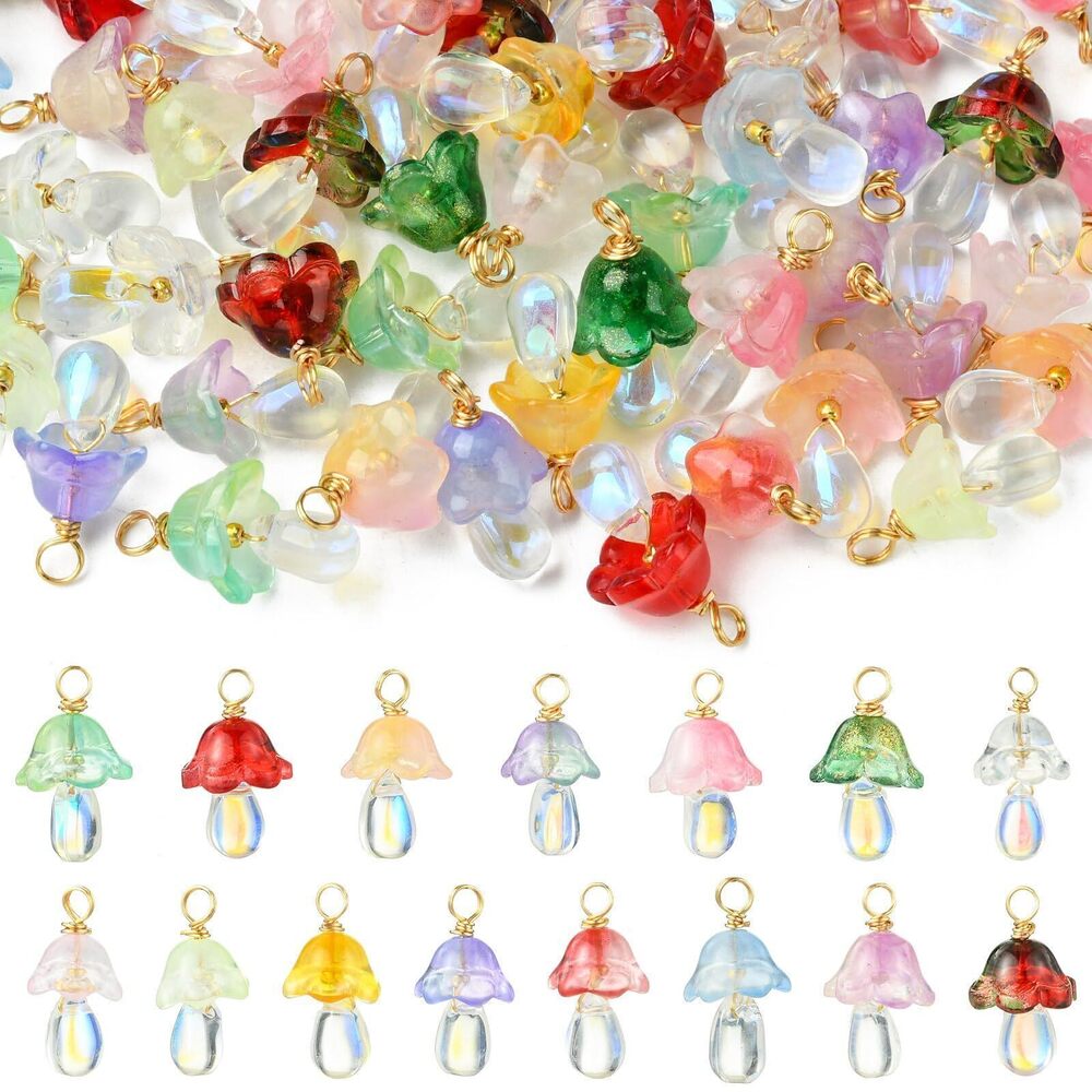 7382 60 pcs 15 Styles Glass Mushroom Charms Colorful Plant Pendant Charms
